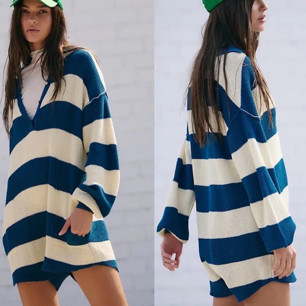 Free People Beach Knit Picnic Stripe Sweater Romper In Sailers Blue Combo medium - Picture 15 of 15